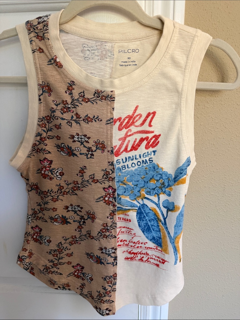 Pilcro Two-Tone Floral Graphic Tank in Cream and Tan